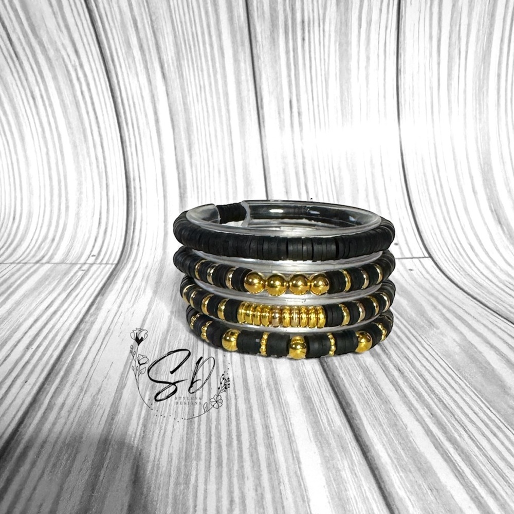 4 pack Clay Bracelets Black and Gold